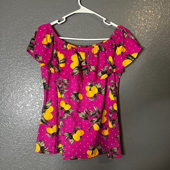 Women’s Lemon Print Off Shoulder Ruffle Peasant Top Pink Polka Dot XL - Picture 3 of 6